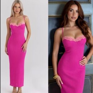 House of CB ‘AIZA’ Raspberry Lace Trimmed Maxi Dress Small A-C Cup US4-6 $255